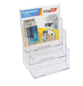 Organizador de papeis/revistas com 3 divisórias vertical cristal Maxcril/Waleu